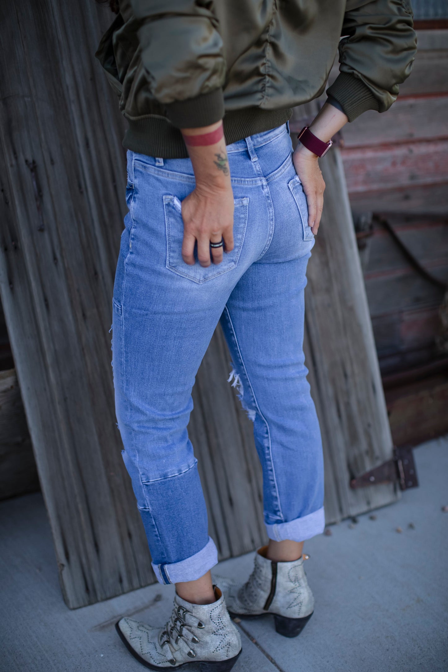 Stretch Color Block Crop Jeans